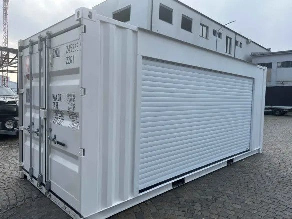 Contenedor marítimo de 20 pies en color blanco RAL 9010 con persiana lateral manual – HZKU 245 268-9